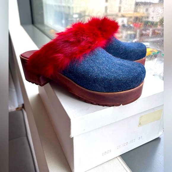 Yoshiko Powell Denim Clogs with real Fur - Picture 1 of 7